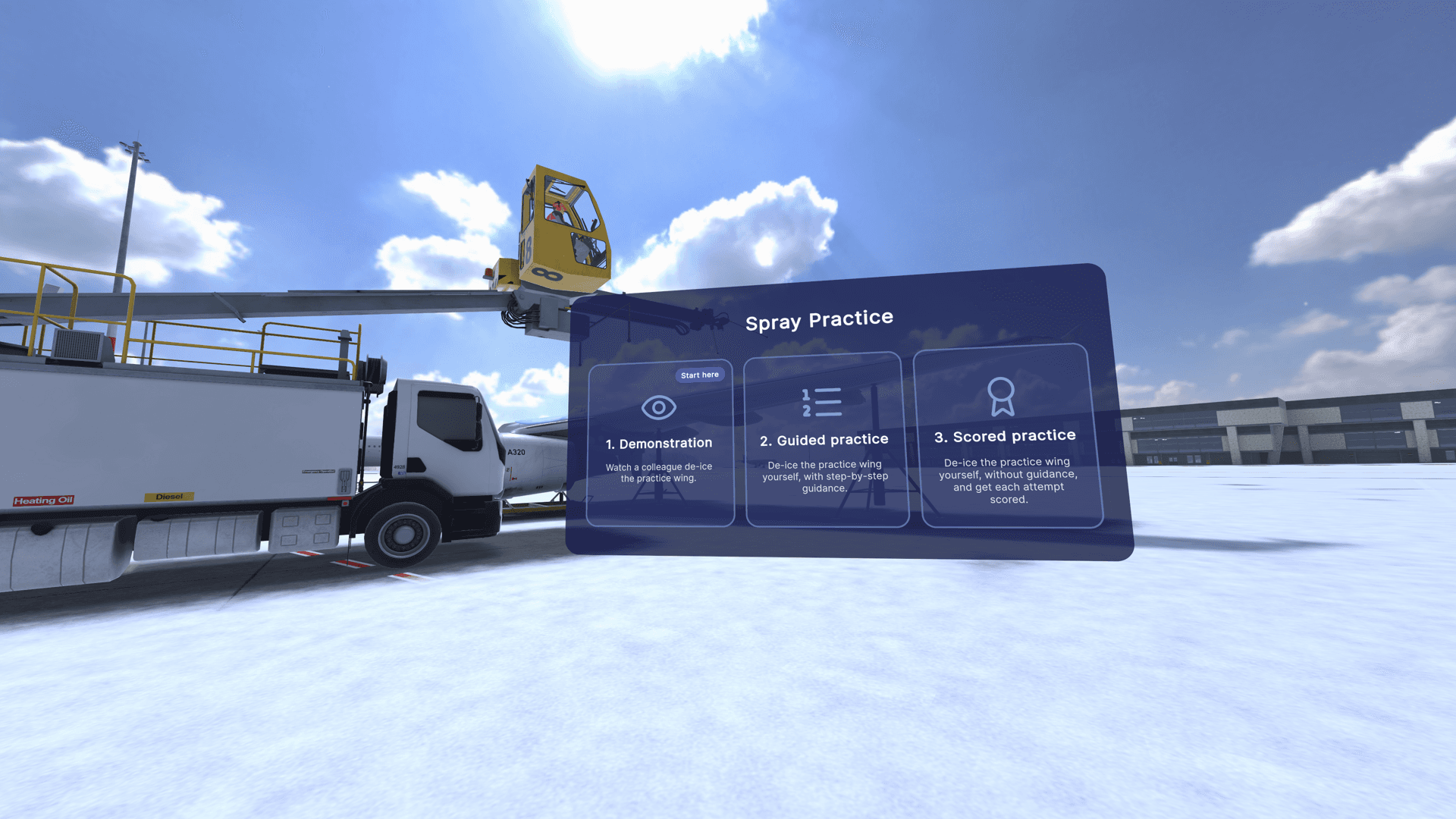 Spray Practice menu with demonstration, guided practice, and scored practice modes